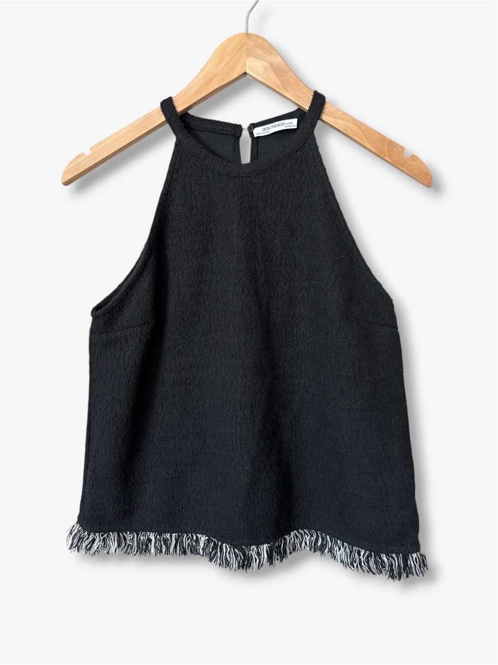Zara TRF Black Textured Tweed Halter Tank Fringed Hem Boho Festival Womens Small